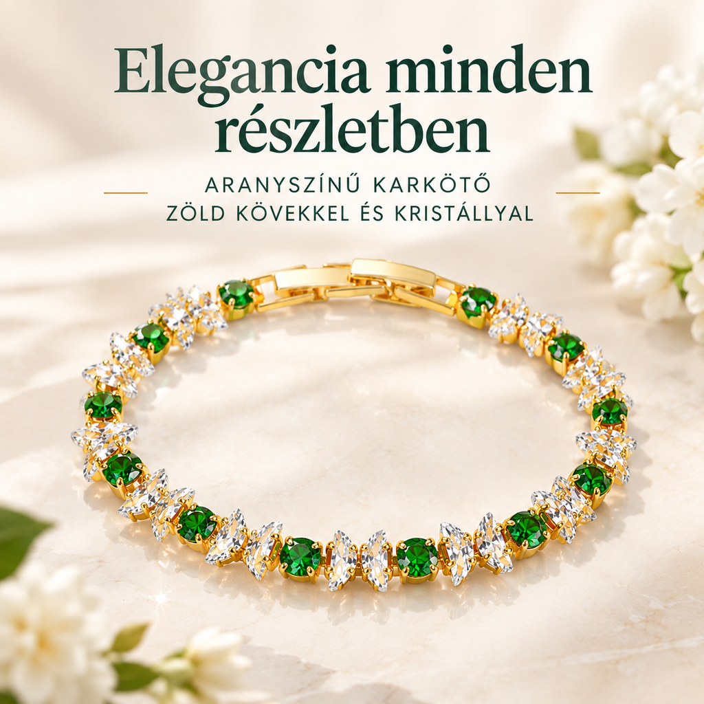 💚💎Smaragdfény Karkötő – Ragyogó Kristályok és Aranyszínű Elegancia