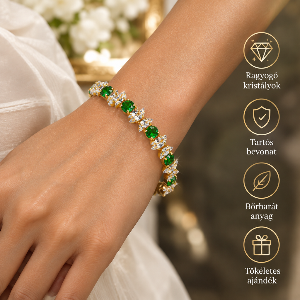💚💎Smaragdfény Karkötő – Ragyogó Kristályok és Aranyszínű Elegancia